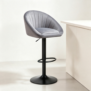 Modern Velvet Bar <b>Stool</b> <b>With</b> Tufted <b>Back</b> Adjustable Height Black Metal Base For Home Bar - Product Image 5