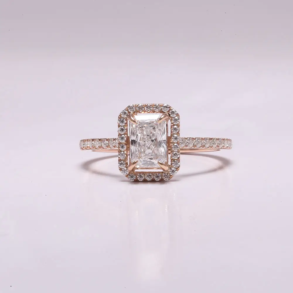 1.00 Karaat Stralend Gesneden Lab Geteelde Diamanten Halo Ring, Handgemaakte Diamanten Verlovingsring, Halo Met Zijaccent Diamanten Ring