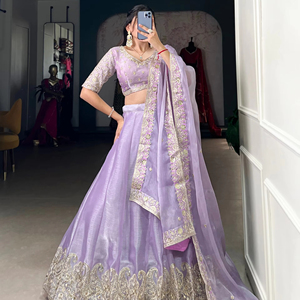 Tradicional Georgette Lehenga estampado elegante seda Dupatta algodón última fiesta paquistaní boda damas de honor con espejo de papel - Product Image 1