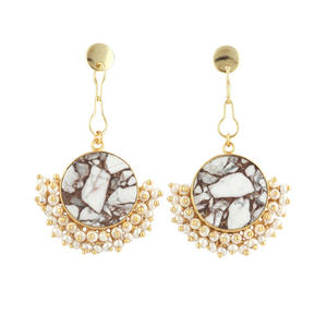 Luxury Design Round Howlite Turquoise Wire <b>Wrap</b> Tiny Pearl Earrings 24k Gold Plated Hanging Stud Dangle Earrings Fine Jewelry - Product Image 2