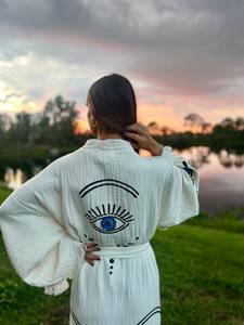 Vestidos Turcos para Mujer, Estilo Urbano, Natural, Sólido, Elegante, Manga Larga, Ojo Turco, Casual, Bohemio, con Cinturones, Kimono Tejido, para Playa - Product Image 5