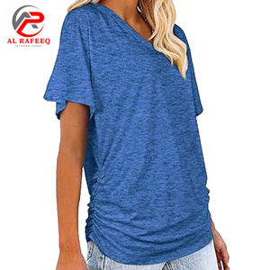 Camisetas plisadas de manga corta con cuello en V para mujer, Túnica básica holgada de verano con fruncido lateral, camisetas informales, Top de entrenamiento de algodón - Product Image 4