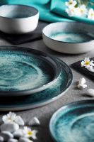 Ronde set van 6 keramische serveerschotels, Scandinavisch minimalistisch design, Atena van Excelsa, reactief geglazuurd, glanzend reliëf, digitale decoratie