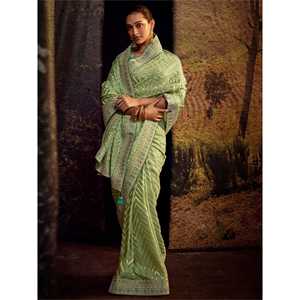 Precioso Sari de Seda Verde Mar con Bordado Zari y Blusa para Festivales y Ocasiones Especiales - Product Image 3