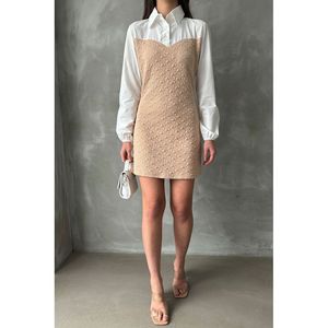 Arm and <b>Upper</b> Chest Poplin Knee-Length Wholesale Dress - STONE - Product Image 2