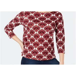 Top da Donna Charter Club in Cotone a Righe, Taglia Piccola, Colletto Alto Rosso, Bottoni sulle Spalle, Vestibilità Ampia, Stampa Floreale, Taglia XL - Product Image 2