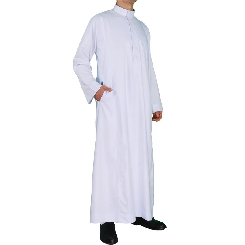 좋은 품질 솔리 컬러 토브 소재 알 Haramain thobe를위한 사우디 남자 2023 흰색 염색 스탠드 칼라 긴 소매