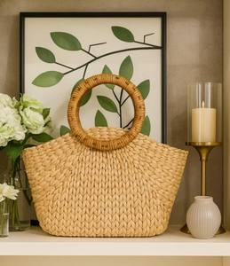 Minimalist Handmade <b>Straw</b> Tote Bag Woven Water Hyacinth Purse with Round Bamboo Handle, Eco Friendly Summer <b>Handbag</b> - Product Image 3