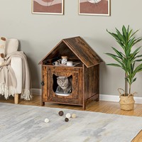 Lit pour chat confortable en bois brun foncé et métal, forme de trous de bois, avec fermeture à tirette, multifonctionnel