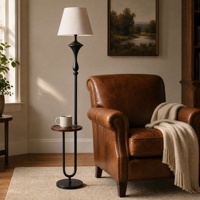 Lampadaire E27 avec étagère en bois, abat-jour en tissu et structure en fer forgé pour salon et bureau