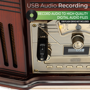 Tourne-disque vintage tout-en-un, lecteur de disques vinyles 3 vitesses, Bluetooth, lecteur de CD, lecteur de cassettes, radio AM/FM, entrée auxiliaire - Product Image 5