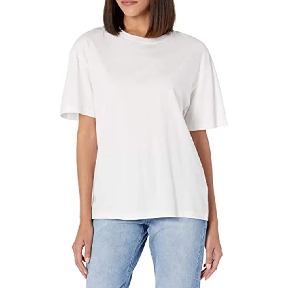 Layanan OEM Pesanan Khusus Grosir Drop Bahu T-shirt Lady'S Kustom Crop Top T Shirt untuk Wanita 100% Katun