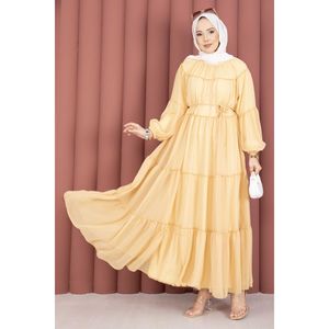 Vestido Elegante de Gasa Amarillo con Detalle Fruncido y Cintura Elástica Transpirable para Oficina, Talla XS para Día de Club, OEM/ODM - Product Image 3