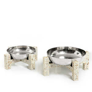 Wholesale Metal Hammered Serving Bowl with Mother of Pearl Design Elegant Stand for Decorative Serving Trays - Product Image 1