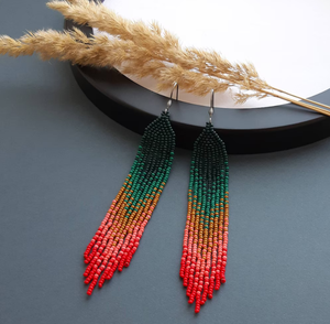 Green Coral and <b>Red</b> Beaded <b>Earrings</b> Chandelier <b>Earrings</b> Gradient Fringe <b>Earrings</b> Ombre Long <b>Earrings</b> Dangle Beadwork <b>Earrings</b> - Product Image 3