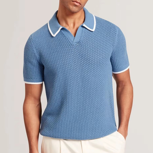 Polo en tricot à bouts pour hommes T-shirt à manches courtes en coton texturé avec bordure contrastée polos - Product Image 1