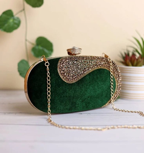 White pearl and rhinestone clutch with wavy design and gold chain for bridal events available at wholesale prices. - Product Image 4