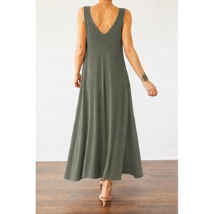 Robe longue en viscose asymétrique à bretelles et col en V pour femme avec détail anneau, 37011 - Kaki - Product Image 3