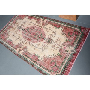 Auténtica alfombra de lana rojo Beige 3,7X7 pies estilo Kilim alfombra de área turca látex abstracto para pasillo rectángulo para habitaciones grandes - Product Image 4