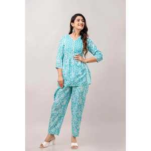 Bleu turquoise imprimé fleuri miroir travail col en V haut et pantalon pur coton ensemble pour femmes - Product Image 2