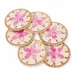 ที่รองแก้วลายมุกขอบหวายสานมือ งานฝีมือฝังเปลือกหอย ของตกแต่งโต๊ะ - Product Image 1