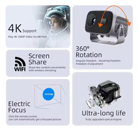 Projecteur portable blanc 1080P 4K pris en charge, Android 11, design rotatif trapézoïdal, fonctionnalités USB automatiques, 2000 lumens
