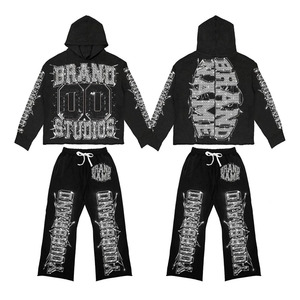 Survêtements de survêtement pantalons de survêtement personnalisés délavés à l'acide Sweat à capuche zippé en strass et pantalon de survêtement évasé Ensemble de survêtement pour hommes - Product Image 1