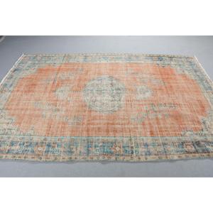 พรมตุรกีโบราณขนาดใหญ่ 5.4x8.5 ฟุต สีส้มน้ำเงินลายจุด - Product Image 2