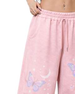 Pantalons de survêtement à jambes larges personnalisés avec imprimé papillon rose et lune, pantalons de survêtement en molleton surdimensionnés mignons pour femmes, streetwear, OEM ODM personnalisé - Product Image 3