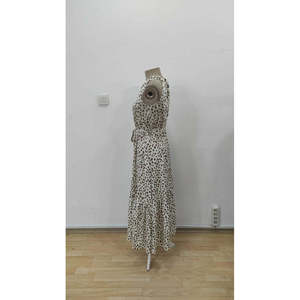 Women's Round Neck <b>Elastic</b> Waist Patterned Single Jersey <b>Dress</b>, 34865 - Beige - Product Image 4