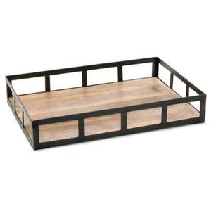 Modern Rectangular <b>Wood</b> And Black Metal Decorative Serving <b>Tray</b> For Coffee <b>Table</b> Iron And Natural Finish Solid <b>Wood</b> Accent <b>Tray</b> - Product Image 1