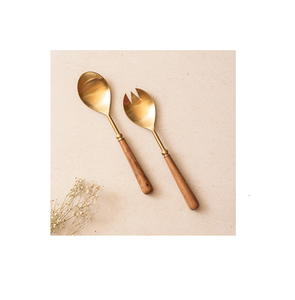 แฟชั่น ช้อนสลัดส้อมทองเหลือง ทรงกลม ด้ามไม้ ช้อนสลัดทํามือขนมหวาน - Product Image 6