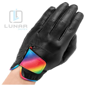 Guantes de golf de mano izquierda de cuero Cabretta de piel de oveja originales y negros para hombre, guantes de golf de cuero personalizados con correa de Color arcoíris - Product Image 1