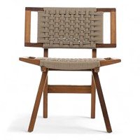 Chaise de loisirs en teck brut de haute qualité avec dossier et assise en corde tressée, design moderne pour une utilisation en extérieur dans le salon et la chambre