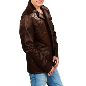 Chaqueta de cuero marrón para hombre, abrigo supersuave y elegante, totalmente personalizada con 100% chaquetas abotonadas de piel de vaca originales - Product Image 3