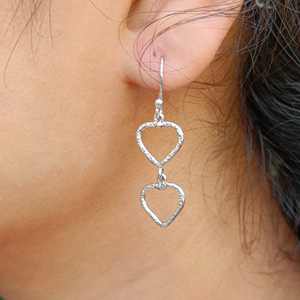 925 <b>Solid</b> Sterling <b>Silver</b> Dual Heart Drop <b>Earrings</b> for Girls Minimalist Design with Elegant <b>Silver</b> Dangle - Product Image 2