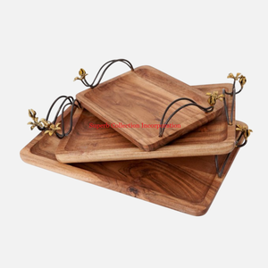 Fabuleux plateau en bois simple avec poignée en métal noir Snacks alimentaires Plateau de service Dessert Stockage Affichage Hôtel Restaurant - Product Image 1