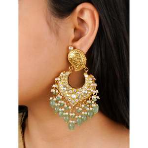 Pendientes de Botón Finos Chapados en Oro de Color Verde, Estilo Thappa Jadau Kundan, con Cierre a Presión, Un Par, TJ-E99A - Product Image 2