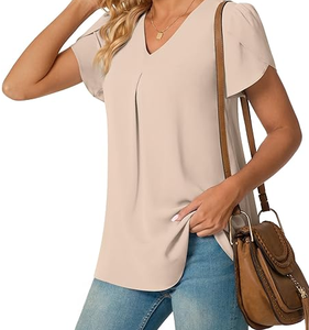 Chemise élégante pour femmes à col en V, à manches courtes plissées, en tissu doux, de couleur unie, coupe ample, idéale pour le travail, les fêtes, les événements, le style quotidien - Product Image 2