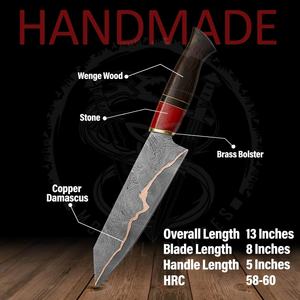 Couteau de cuisine de luxe fait main en cuivre et lame de damas couteau de chef pour anniversaire manche turquoise cadeau pour noël avec couvercle - Product Image 2