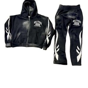 Heavyweight 100% algodón personalizado desgastado bordado Logo Oversized Jogger pantalones de chándal acampanados y Zip Hoodie conjuntos hombres chándales - Product Image 4