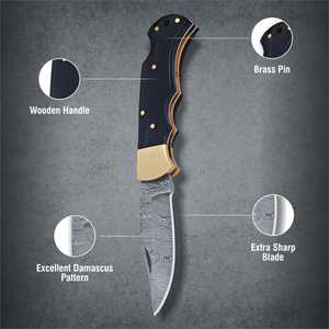 มีดพับพกพาได้ทำจากเหล็กดามัสกัสด้ามจับเขาวัวเครื่องมือยุทธวิธีในการตั้งแคมป์และล่าสัตว์ - Product Image 3