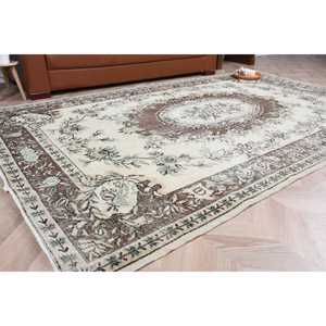 Turkish Large Rug, 5.8x9.2 ft Vintage Rug, <b>Brown</b> Bordered <b>Wool</b> Rug - Product Image 1