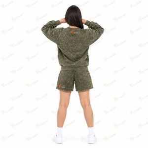 Conjunto de 2 Piezas para Mujer, Color Verde Oliva, Sudadera de Cuello Redondo, Lavado Ácido, Pedrería, Corte Regular, Estilo Urbano, 100% Algodón, Casual - Product Image 6