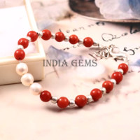Bracelet de mariage classique italien réglable en argent 925 avec perles de corail rouge, pierres précieuses naturelles, perles, unisexe, certifié pour l'Islam