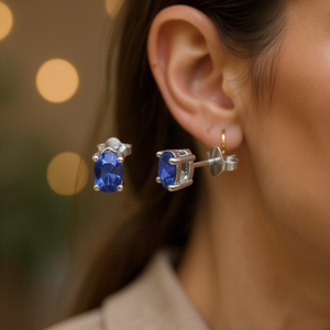 Orecchini a Perno in Argento Sterling 925 con Tanzanite Naturale Taglio Ovale 5x3mm, Regalo Classico per Donne, Gioielli alla Moda - Product Image 3
