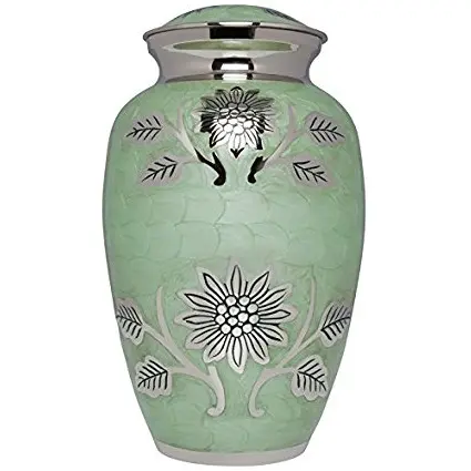 Premium Quality Antique Solid Brass Light Green Floral & Silver Flower Handmade Design Cremation Urns For Adults Ashes