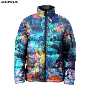 Chaqueta acolchada deportiva ligera con estampado de sublimación completa para hombre, chaqueta acolchada con logotipo frontal y cuello levantado - Product Image 3
