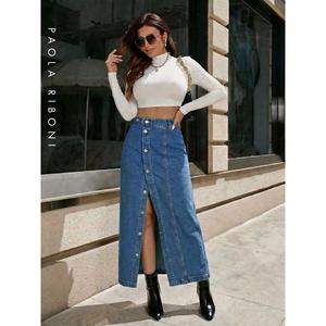 Jupe longue en jean taille haute Paola Riboni pour femme, boutonnée sur le devant, coupe trapèze, couleur unie, style vintage, formelle, légère, été, hiver, streetwear - Product Image 2