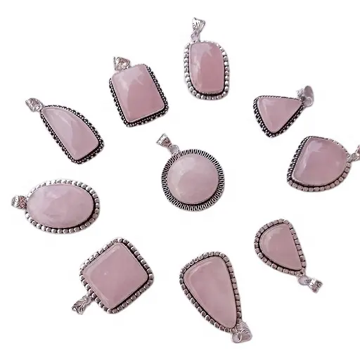 Pingente de prata de quartzo rosa com pedra preciosa, | pingente de quartzo rosa 925 de prata | pingente de pedra preciosa